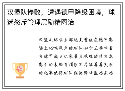汉堡队惨败，遭遇德甲降级困境，球迷怒斥管理层励精图治